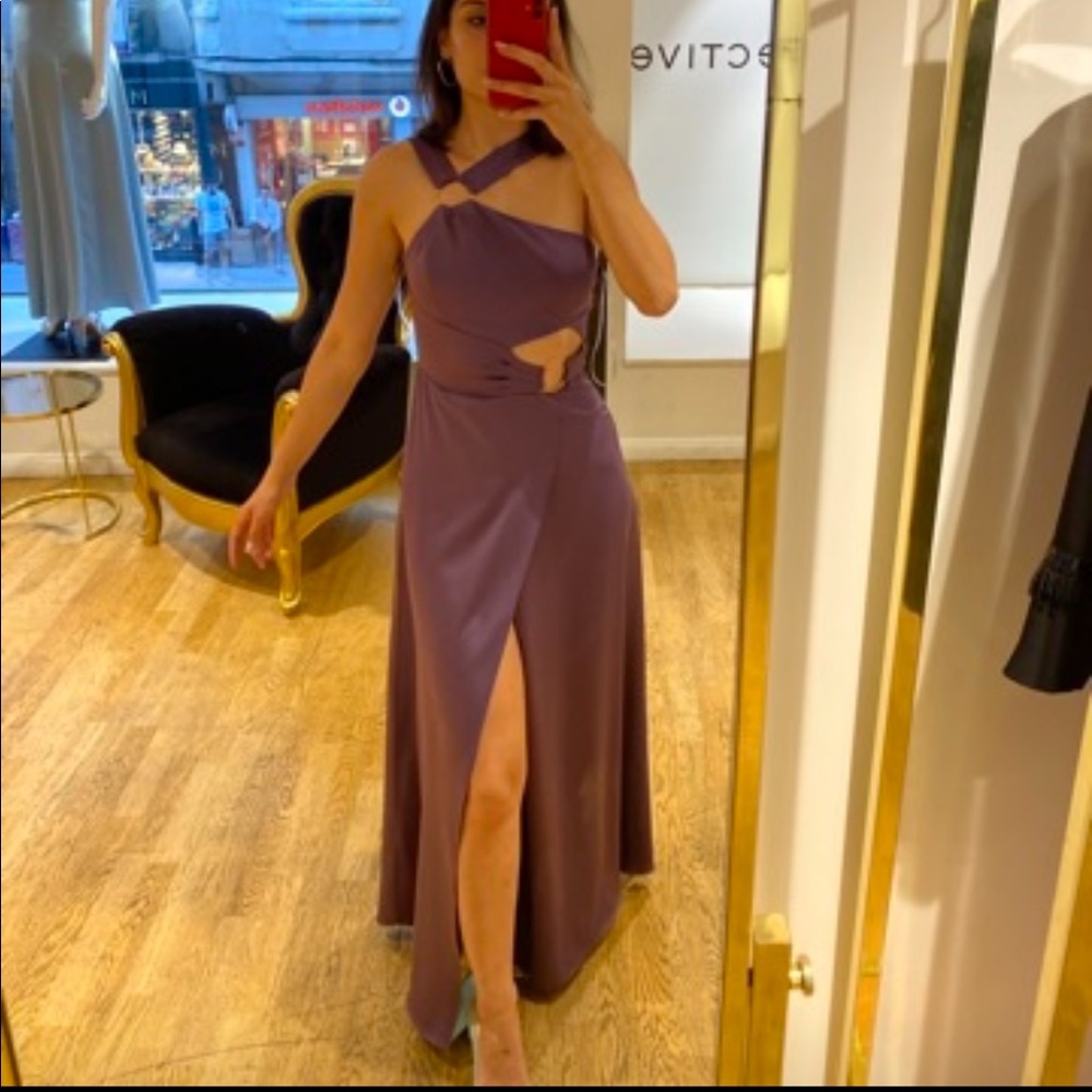 Purple Gown, shorter front, metal rings, single sleeve, cut out